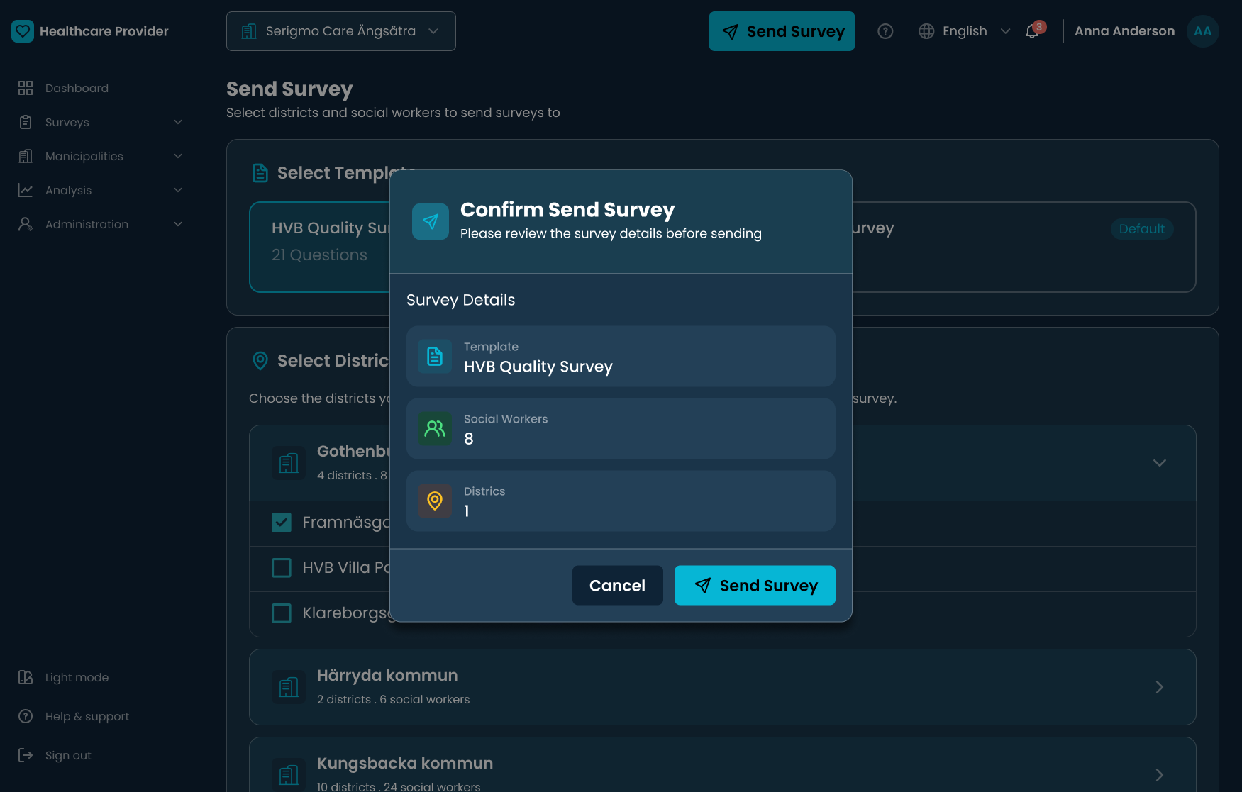 Send confirmation screen listing template, recipient count, and district count before distribution.